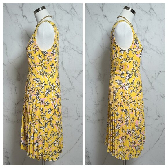 Banana Republic Yellow Floral Dress | Cottagecore Preppy Pleated A-Line V-Neck - Picture 5 of 17